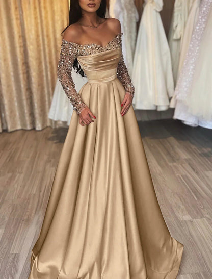 NumberSea - Ball Gown Party Dress Evening Gown Party Dress Hot Dress Engagement Wedding Reception Sweep / Brush Train 3/4 Length Sleeve Off Shoulder Satin with Sequin