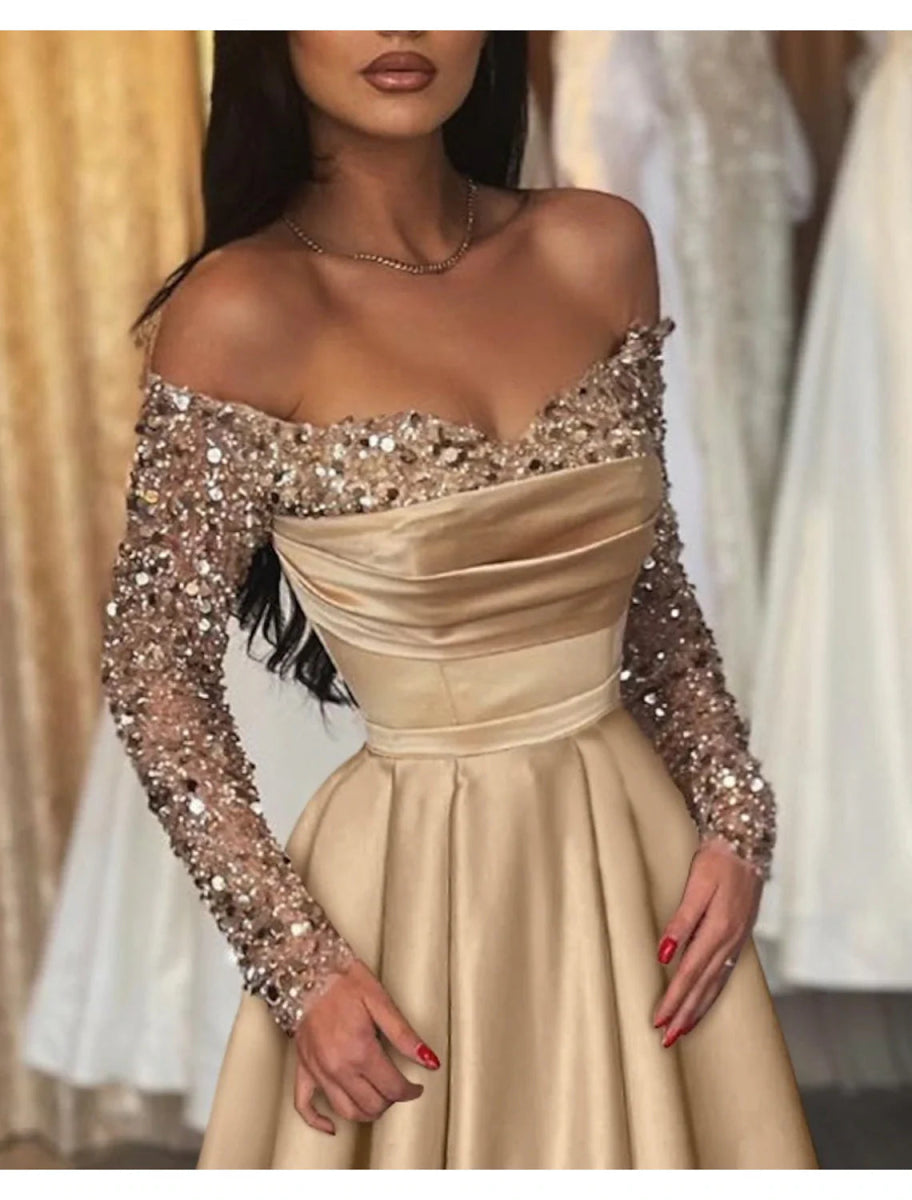 NumberSea - Ball Gown Party Dress Evening Gown Party Dress Hot Dress Engagement Wedding Reception Sweep / Brush Train 3/4 Length Sleeve Off Shoulder Satin with Sequin