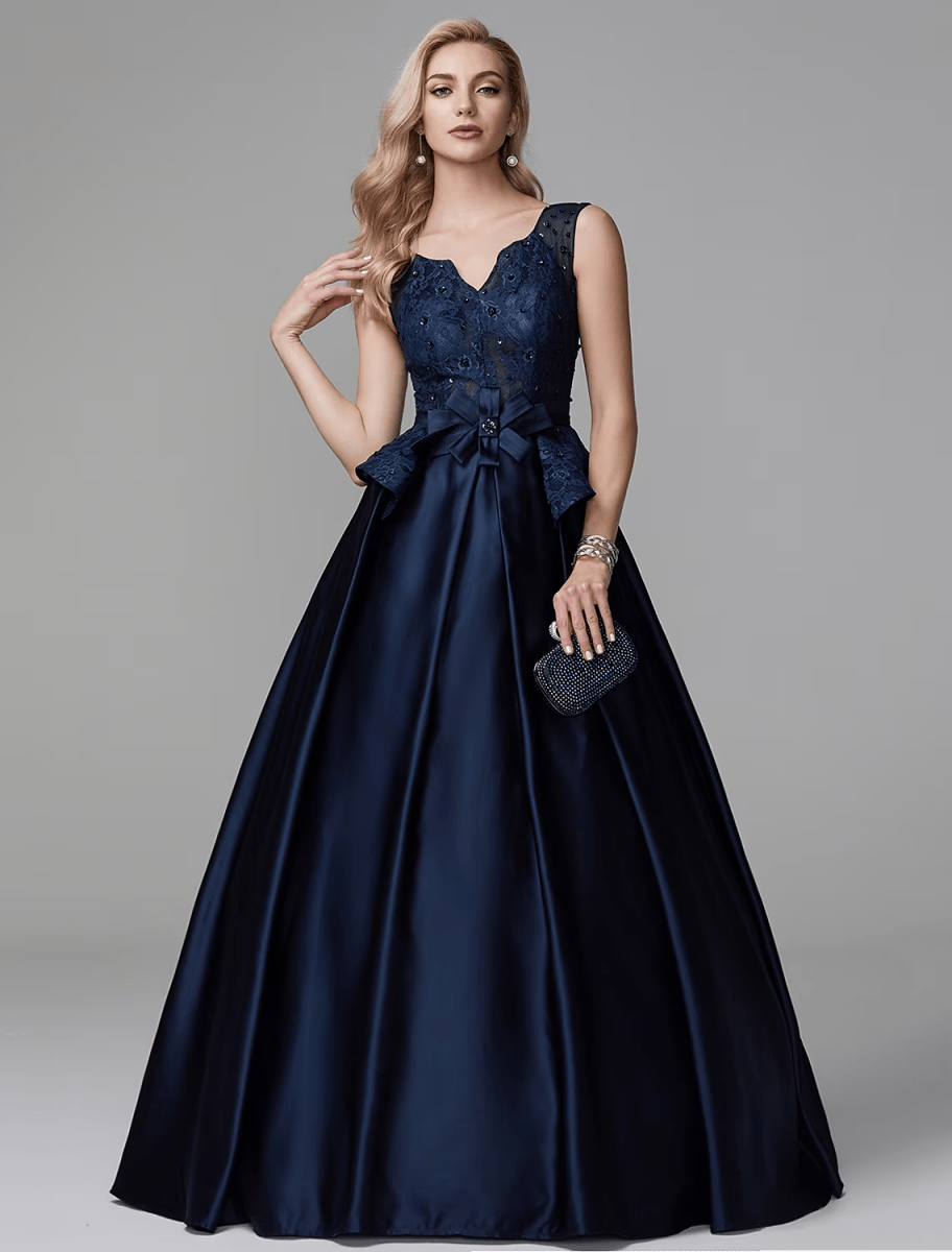 NumberSea - Ball Gown Peplum Quinceanera Formal Evening Dress V Neck Sleeveless Floor Length Lace with Bow(s) Beading