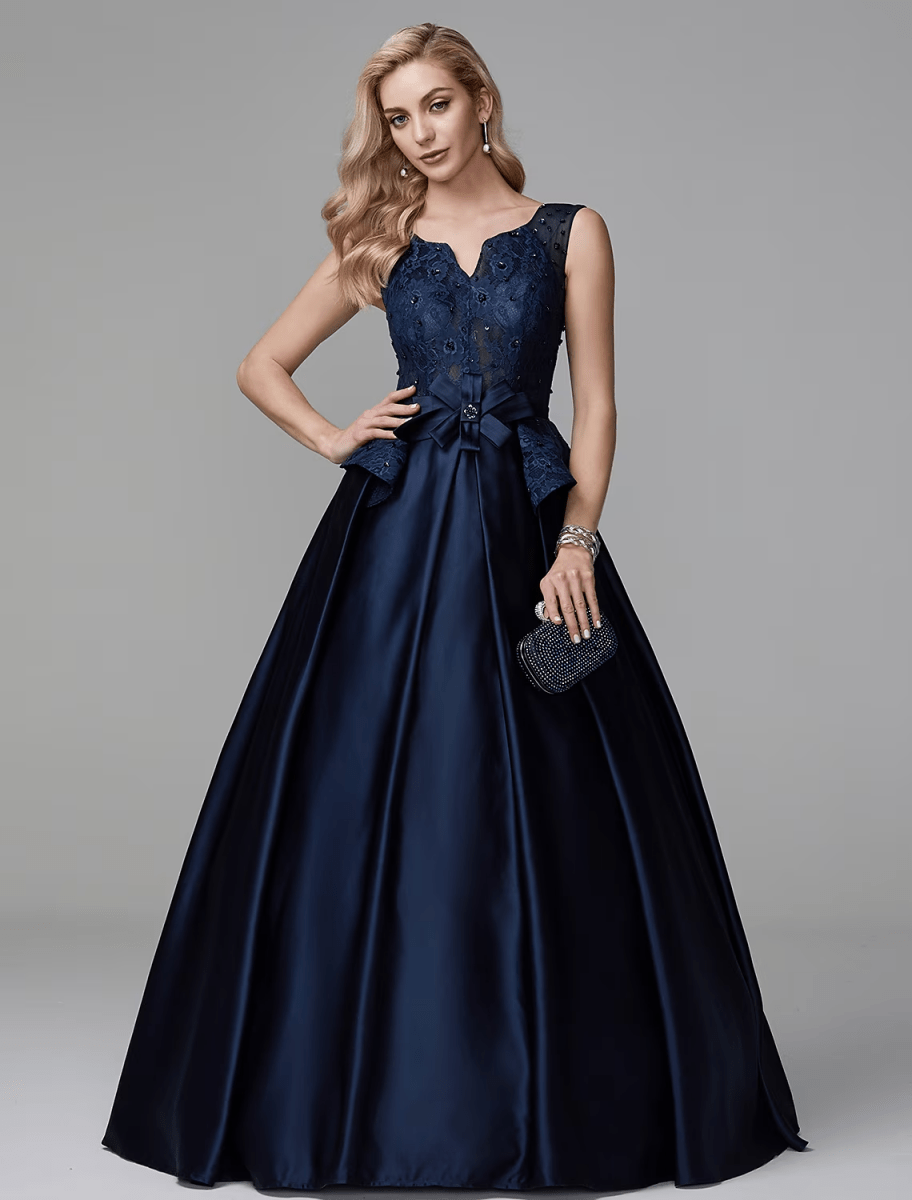 NumberSea - Ball Gown Peplum Quinceanera Formal Evening Dress V Neck Sleeveless Floor Length Lace with Bow(s) Beading