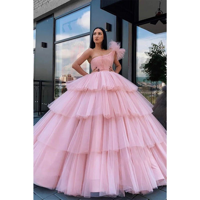 NumberSea - Ball Gown Pink Tulle One Shoulder Long Prom Dress Formal Evening Gowns