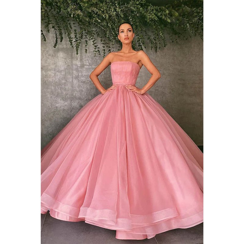 NumberSea - Ball Gown Pink Tulle Strapless Long Prom Evening Dress