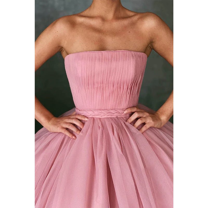 NumberSea - Ball Gown Pink Tulle Strapless Long Prom Evening Dress