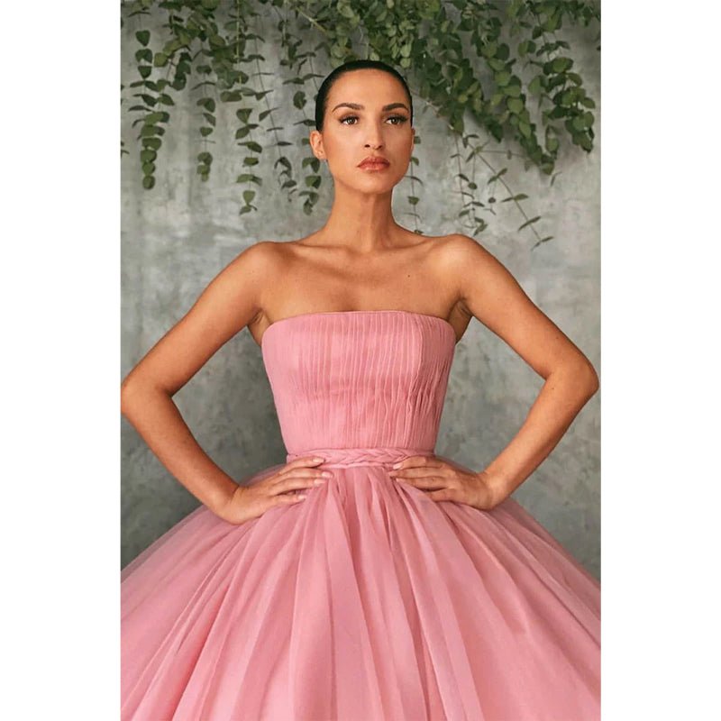 NumberSea - Ball Gown Pink Tulle Strapless Long Prom Evening Dress