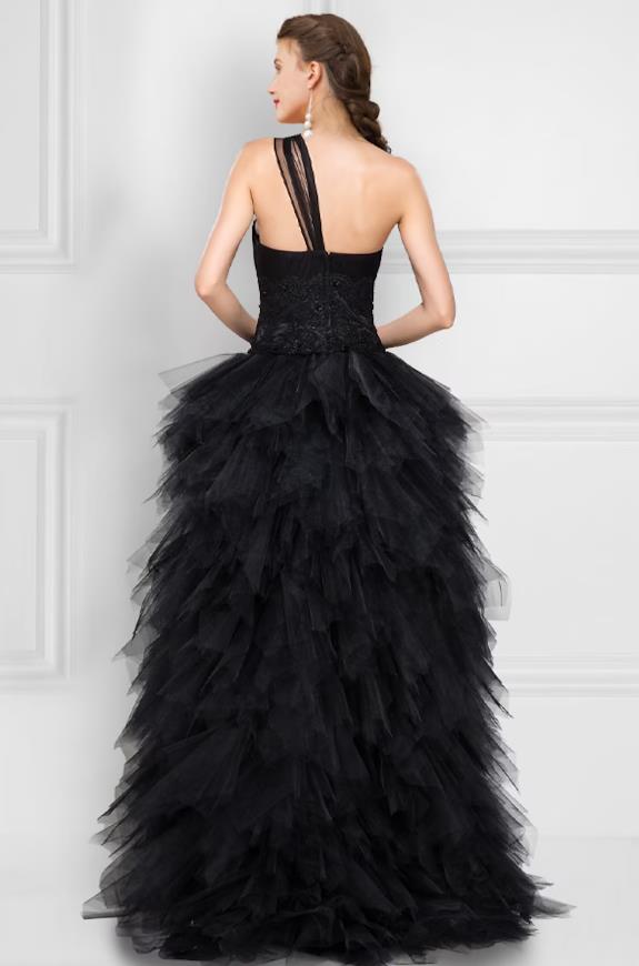 NumberSea - Ball Gown Prom Dresses Black Dress Masquerade Asymmetrical Sleeveless One Shoulder Tulle Ladder Back with Pure Color