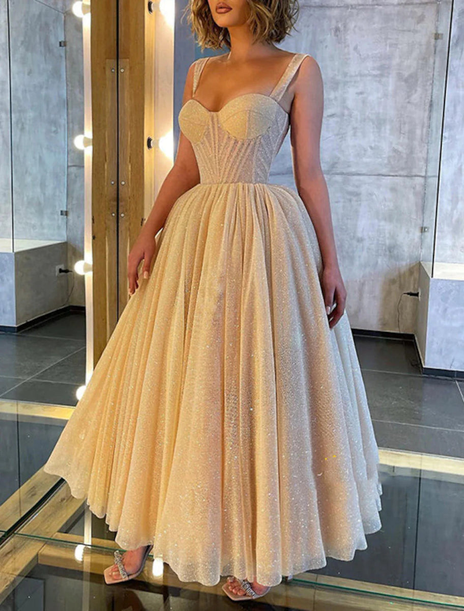 NumberSea - Ball Gown Prom Dresses Corsets Dress Wedding Party Dress Birthday Ankle Length Sleeveless Spaghetti Strap Tulle with Glitter Sequin