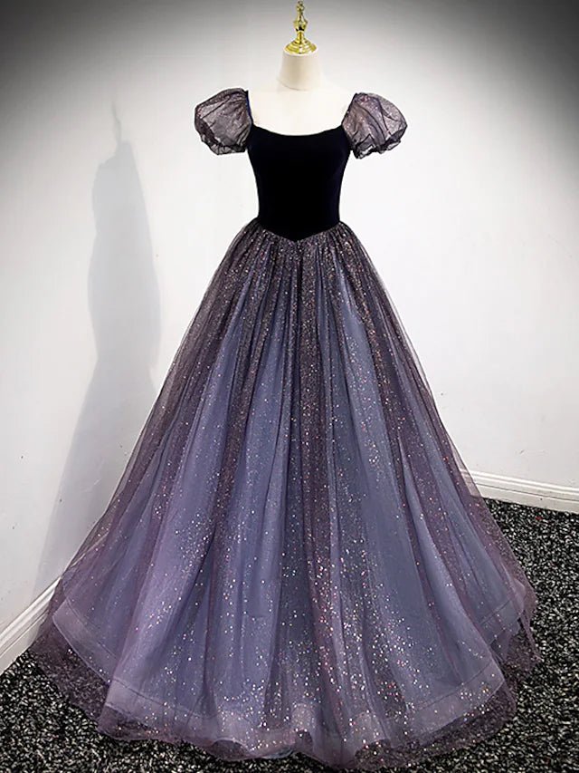 NumberSea - Ball Gown Prom Dresses Cute Dress Engagement Floor Length Short Sleeve Square Neck Tulle with Sequin Splicing