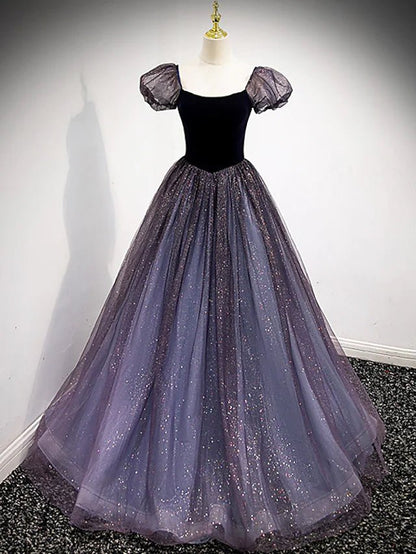 NumberSea - Ball Gown Prom Dresses Cute Dress Engagement Floor Length Short Sleeve Square Neck Tulle with Sequin Splicing