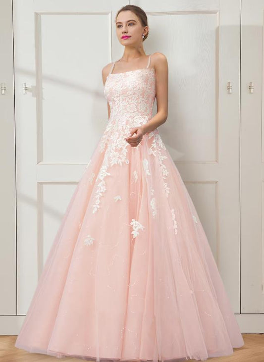 NumberSea - Ball Gown Prom Dresses Floral Dress Masquerade Floor Length Sleeveless Spaghetti Strap Tulle Crisscross Back with Embroidery