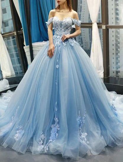 NumberSea - Ball Gown Prom Dresses Floral Dress Quinceanera Court Train Short Sleeve Sweetheart Lace with Pleats Appliques