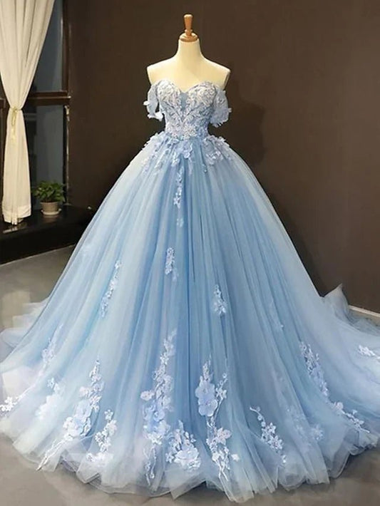 NumberSea - Ball Gown Prom Dresses Floral Dress Quinceanera Court Train Short Sleeve Sweetheart Lace with Pleats Appliques