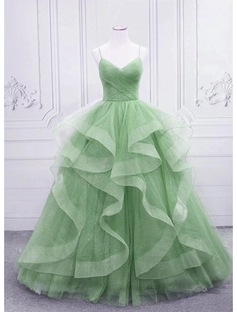 NumberSea - Ball Gown Prom Dresses Glittering Dress Formal Floor Length Sleeveless V Neck Tulle with Glitter Ruffles