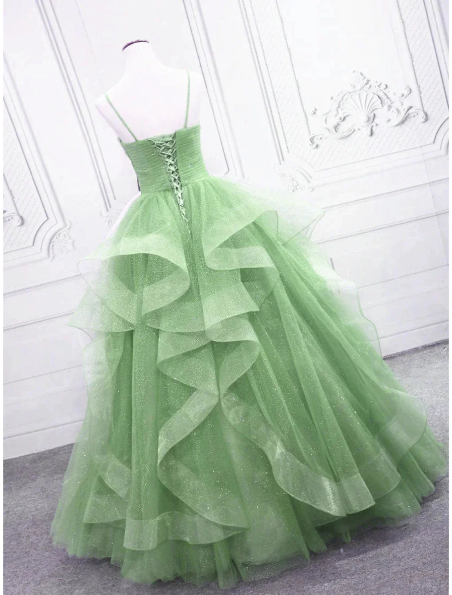 NumberSea - Ball Gown Prom Dresses Glittering Dress Formal Floor Length Sleeveless V Neck Tulle with Glitter Ruffles