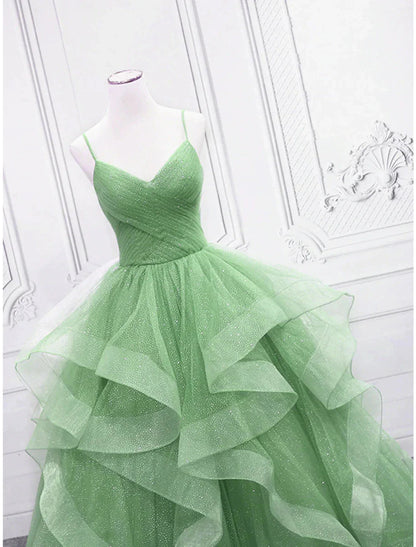 NumberSea - Ball Gown Prom Dresses Glittering Dress Formal Floor Length Sleeveless V Neck Tulle with Glitter Ruffles