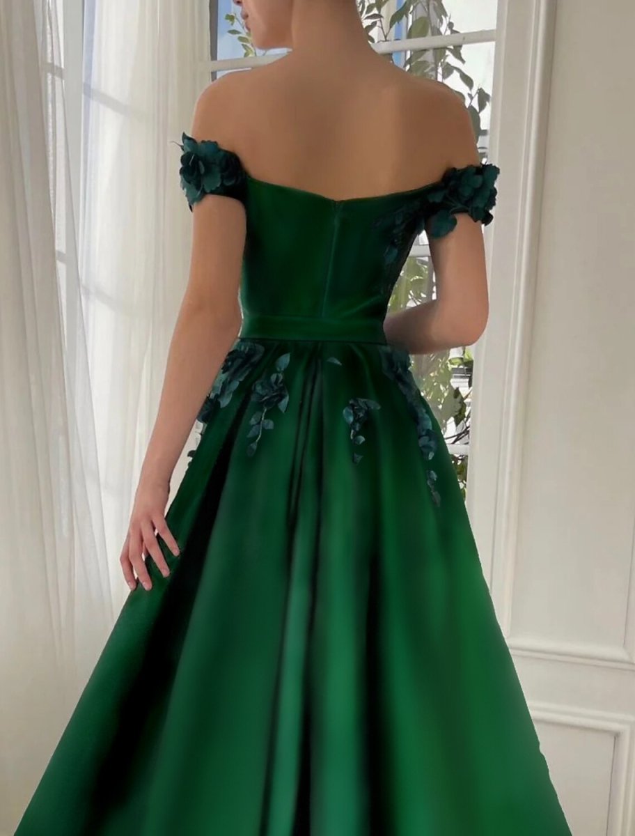 NumberSea - Ball Gown Prom Dresses Luxurious Dress Christmas Red Green Dress Wedding Party Floor Length Short Sleeve Off Shoulder Satin with Slit Appliques