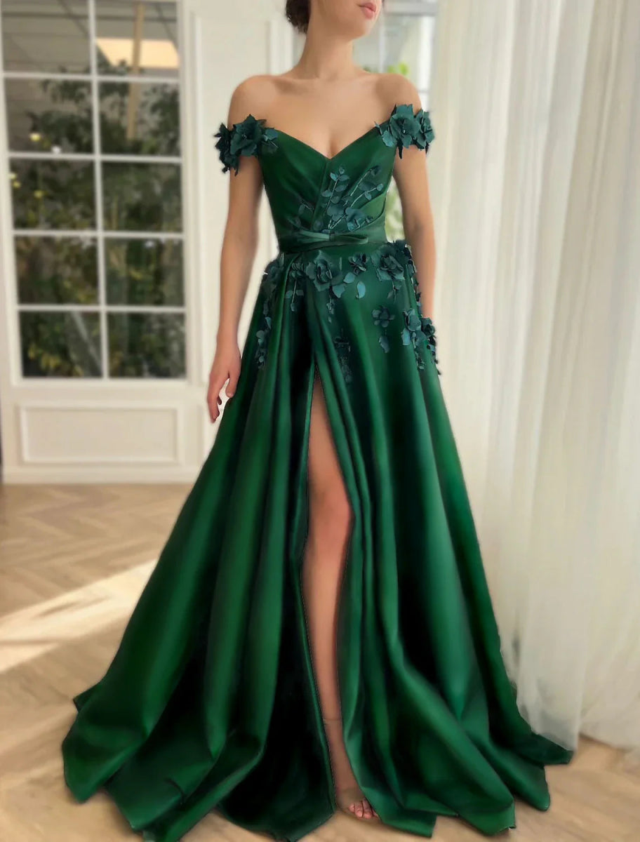 NumberSea - Ball Gown Prom Dresses Luxurious Dress Christmas Red Green Dress Wedding Party Floor Length Short Sleeve Off Shoulder Satin with Slit Appliques