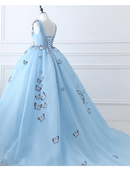 NumberSea - Ball Gown Prom Dresses Luxurious Dress Engagement Court Train Sleeveless V Neck Tulle with Pleats Appliques