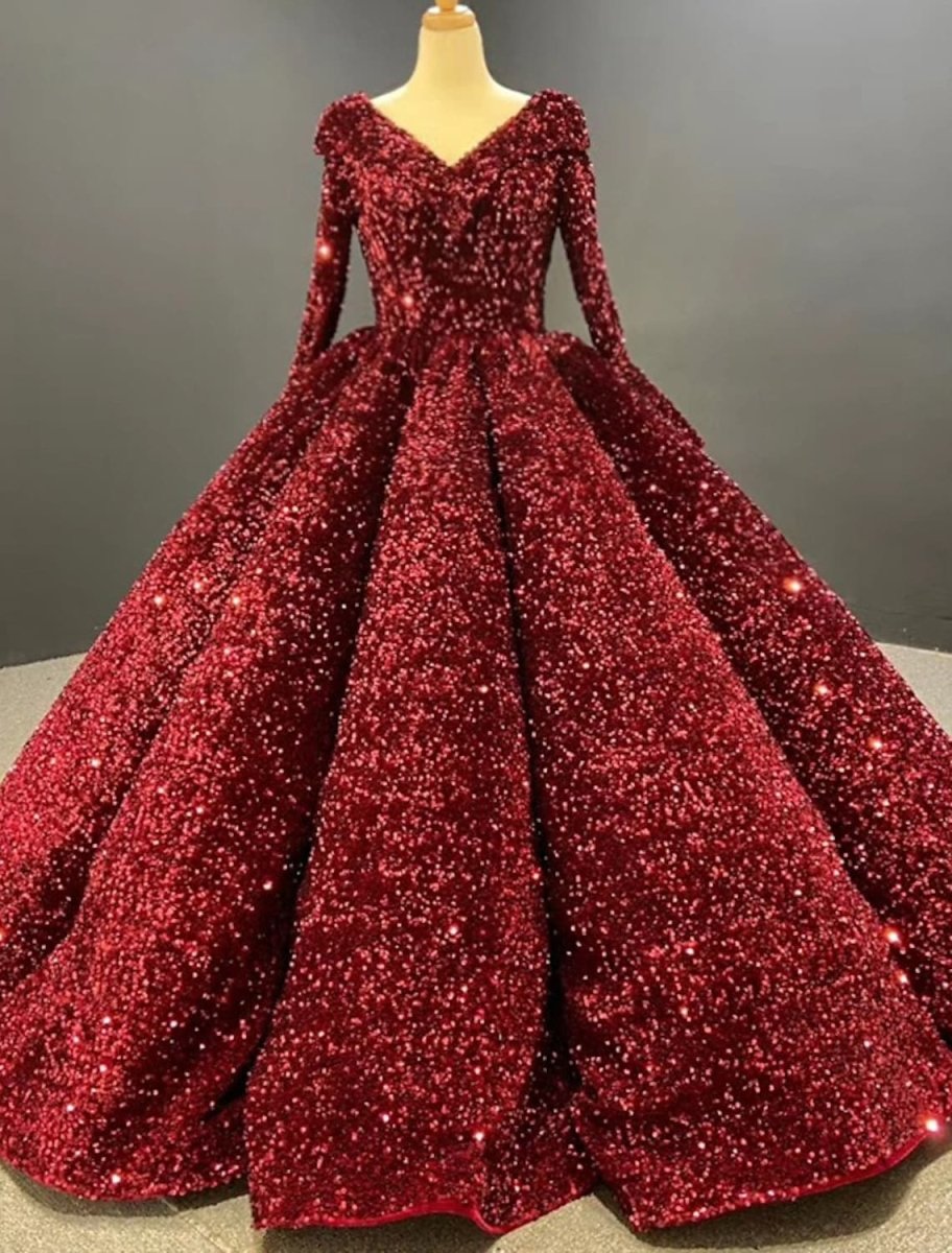 NumberSea - Ball Gown Prom Dresses Luxurious Dress Quinceanera Floor Length Long Sleeve V Neck Sequined with Pleats Sequin