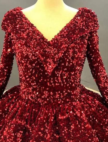 NumberSea - Ball Gown Prom Dresses Luxurious Dress Quinceanera Floor Length Long Sleeve V Neck Sequined with Pleats Sequin