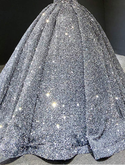 NumberSea - Ball Gown Prom Dresses Luxurious Dress Quinceanera Floor Length Long Sleeve V Neck Sequined with Pleats Sequin