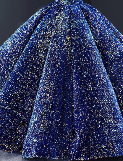 NumberSea - Ball Gown Prom Dresses Luxurious Dress Quinceanera Floor Length Long Sleeve V Neck Sequined with Pleats Sequin