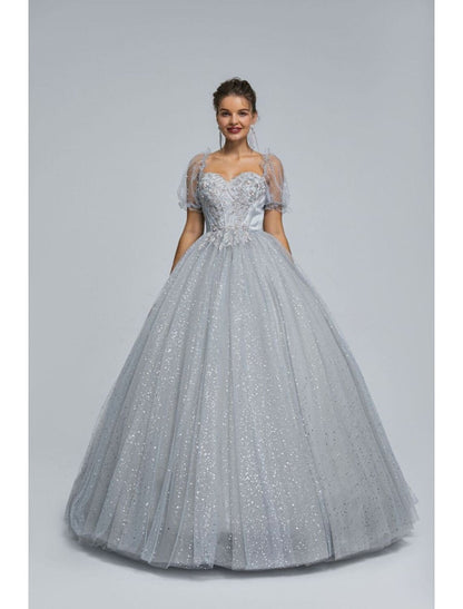 NumberSea - Ball Gown Prom Dresses Princess Dress Graduation Floor Length Short Sleeve Sweetheart Tulle with Sequin Appliques