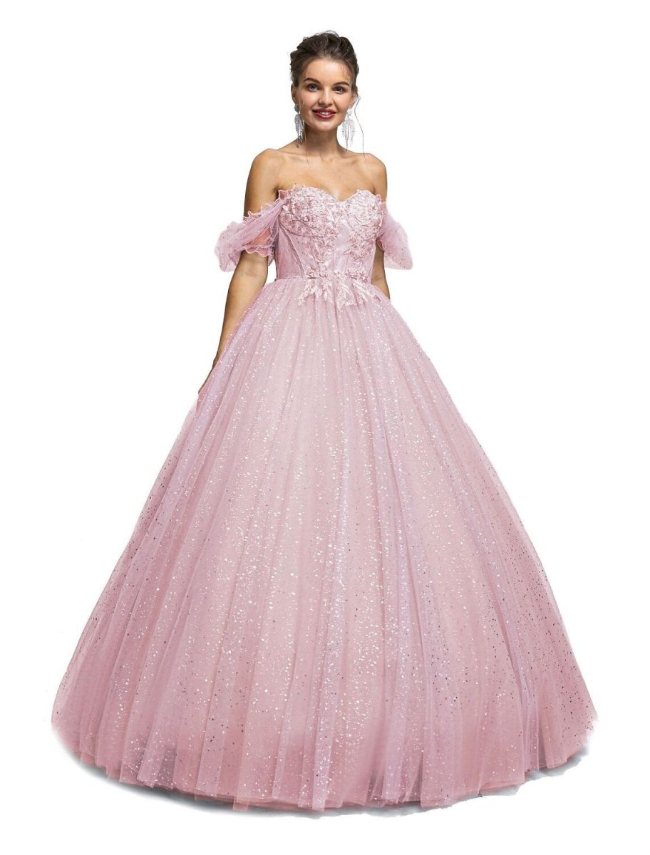 NumberSea - Ball Gown Prom Dresses Princess Dress Graduation Floor Length Short Sleeve Sweetheart Tulle with Sequin Appliques