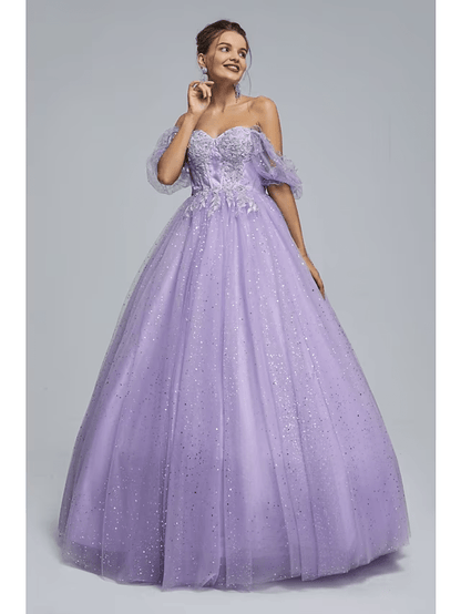 NumberSea - Ball Gown Prom Dresses Princess Dress Graduation Floor Length Short Sleeve Sweetheart Tulle with Sequin Appliques