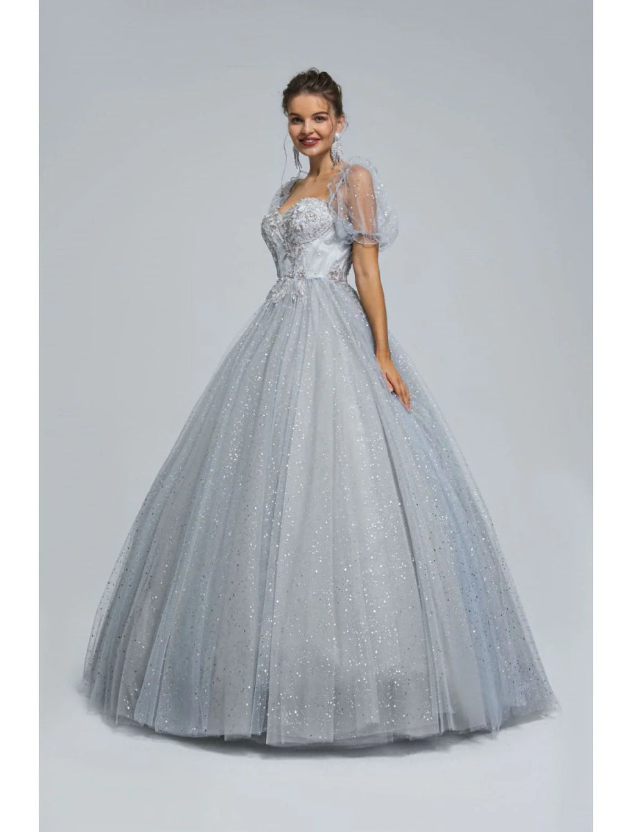 NumberSea - Ball Gown Prom Dresses Princess Dress Graduation Quinceanera Floor Length Short Sleeve Sweetheart Tulle with Sequin Appliques