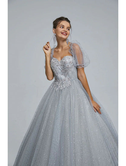 NumberSea - Ball Gown Prom Dresses Princess Dress Graduation Quinceanera Floor Length Short Sleeve Sweetheart Tulle with Sequin Appliques