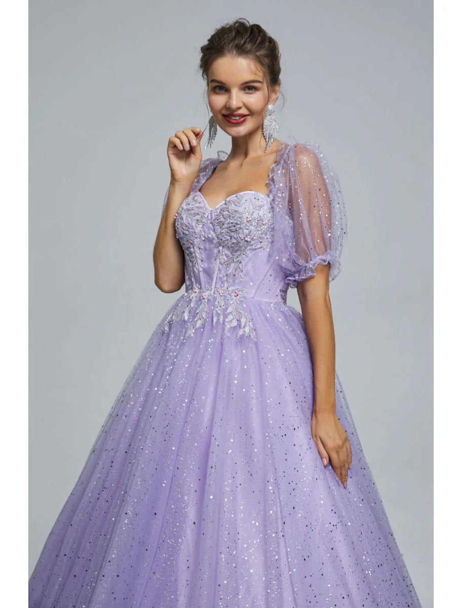 NumberSea - Ball Gown Prom Dresses Princess Dress Graduation Quinceanera Floor Length Short Sleeve Sweetheart Tulle with Sequin Appliques