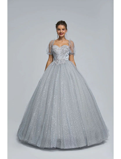 NumberSea - Ball Gown Prom Dresses Princess Dress Graduation Quinceanera Floor Length Short Sleeve Sweetheart Tulle with Sequin Appliques