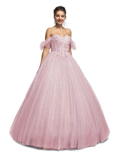 NumberSea - Ball Gown Prom Dresses Princess Dress Graduation Quinceanera Floor Length Short Sleeve Sweetheart Tulle with Sequin Appliques