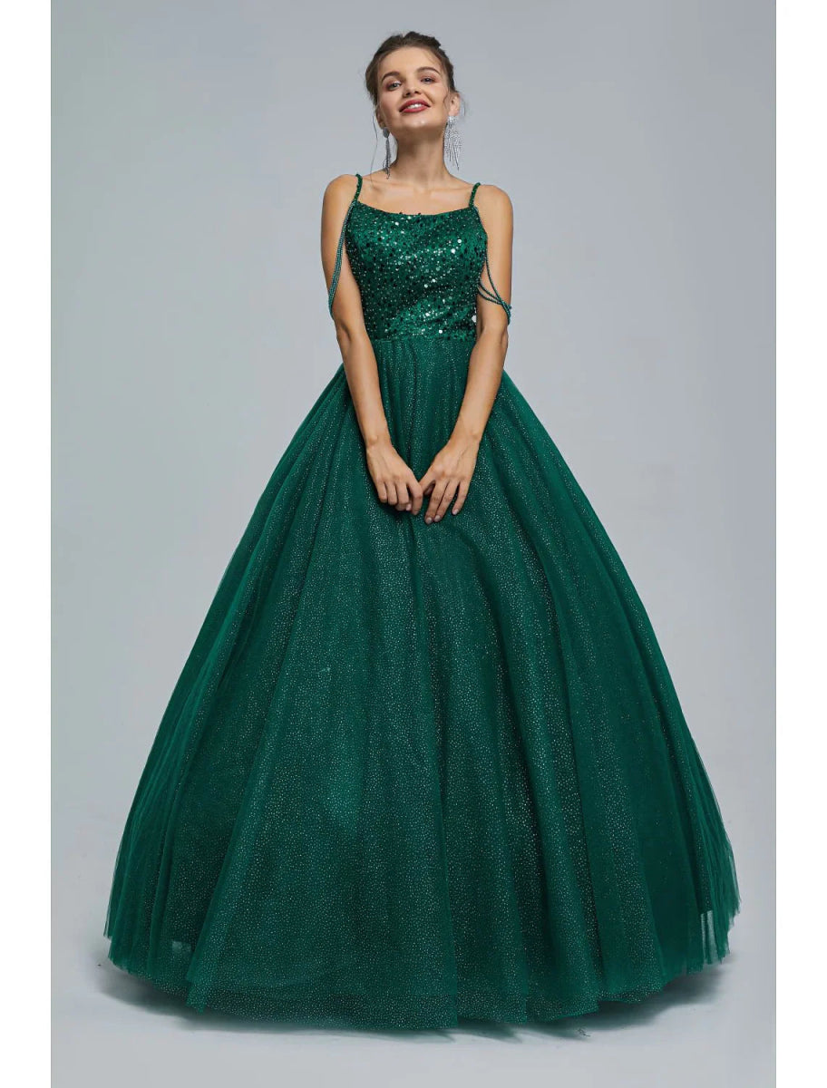 NumberSea - Ball Gown Prom Dresses Sparkle & Shine Dress Graduation Floor Length Sleeveless Spaghetti Strap Tulle with Pearls Sequin