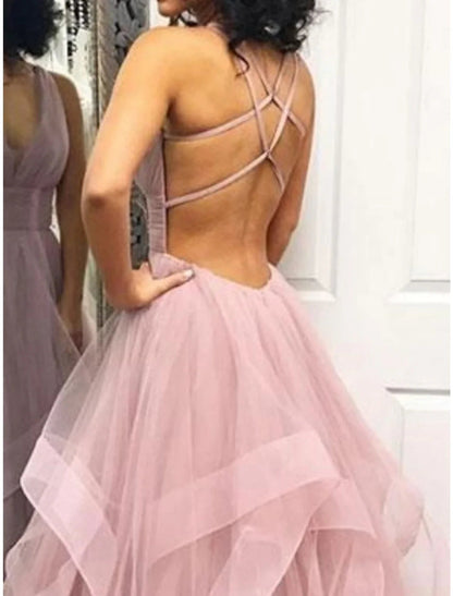 NumberSea - Ball Gown Prom Dresses Tiered Plisse Dress Wedding Guest Quinceanera Floor Length Sleeveless V Neck Organza Backless with Criss Cross Ruffles