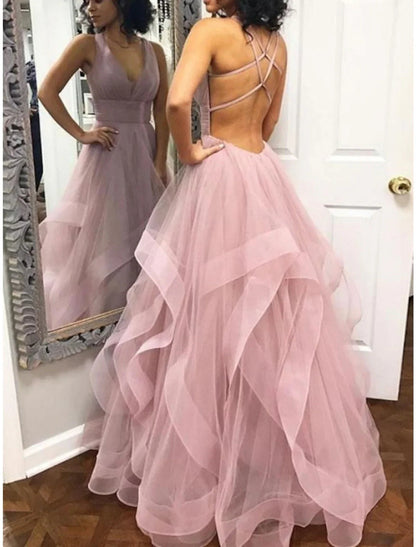 NumberSea - Ball Gown Prom Dresses Tiered Plisse Dress Wedding Guest Quinceanera Floor Length Sleeveless V Neck Organza Backless with Criss Cross Ruffles