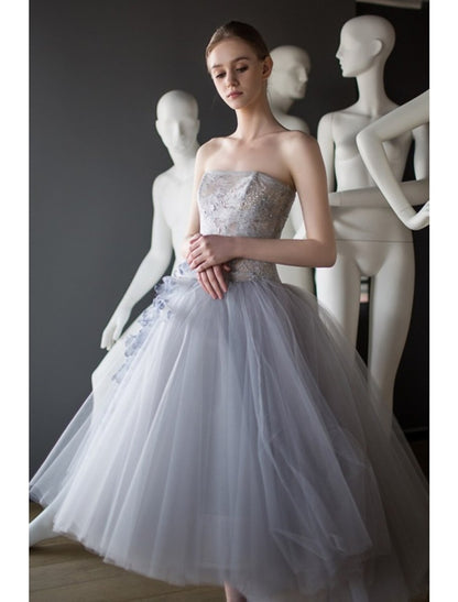 NumberSea - Ball Gown Prom Dresses Vintage Dress Graduation Tea Length Sleeveless Strapless Tulle with Appliques Tiered