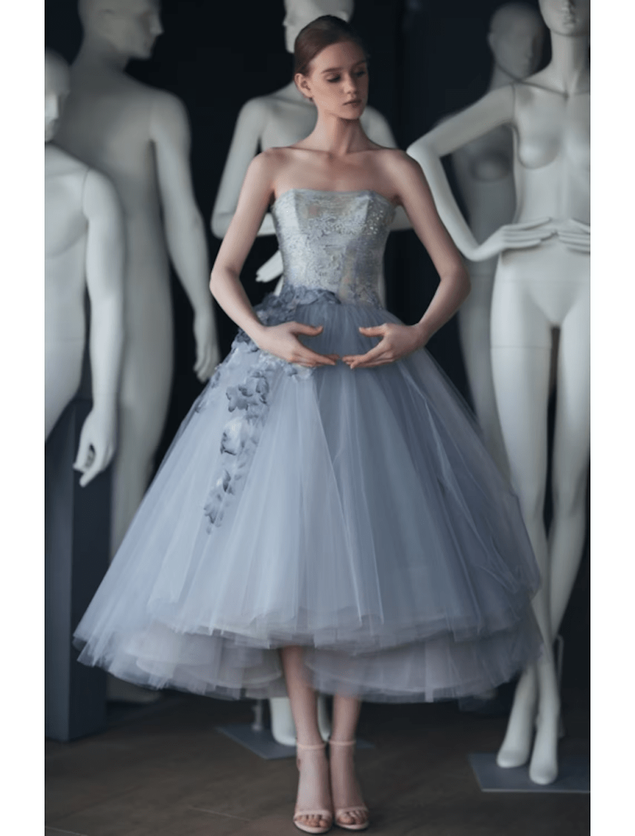 NumberSea - Ball Gown Prom Dresses Vintage Dress Graduation Tea Length Sleeveless Strapless Tulle with Appliques Tiered