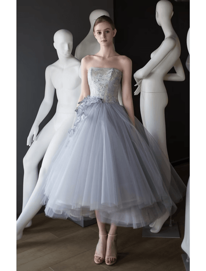 NumberSea - Ball Gown Prom Dresses Vintage Dress Graduation Tea Length Sleeveless Strapless Tulle with Appliques Tiered