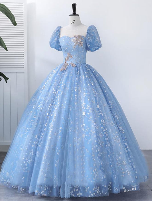 NumberSea - Ball Gown Quinceanera Dresses Princess Dress Performance Floor Length Short Sleeve Square Neck Polyester with Pearls Appliques