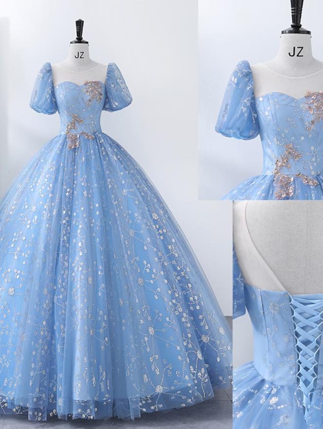 NumberSea - Ball Gown Quinceanera Dresses Princess Dress Performance Floor Length Short Sleeve Square Neck Polyester with Pearls Appliques