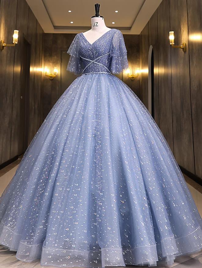 NumberSea - Ball Gown Quinceanera Dresses Princess Dress Performance Floor Length Short Sleeve V Neck Polyester with Sequin