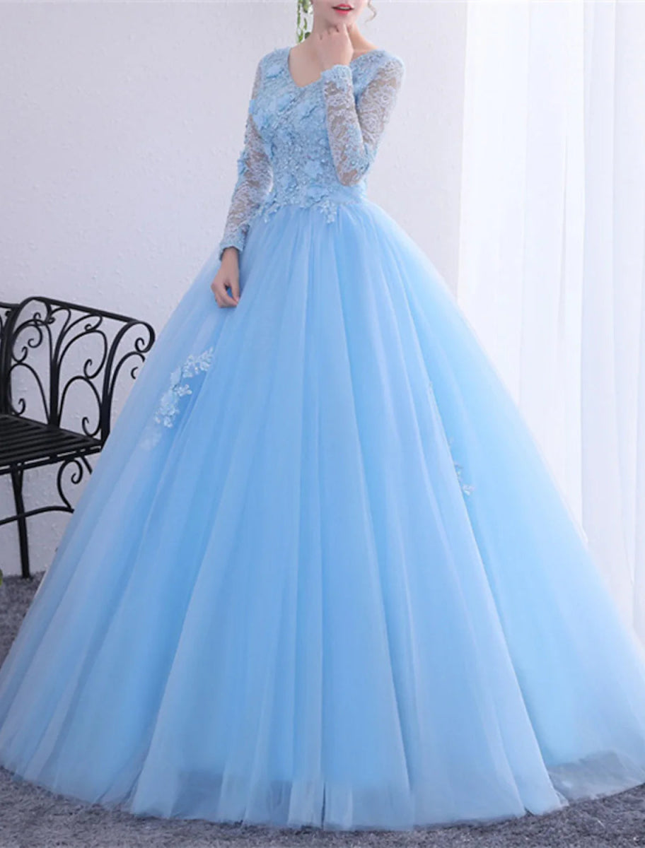 NumberSea - Ball Gown Quinceanera Dresses Princess Dress Performance Quinceanera Floor Length Long Sleeve V Neck Polyester with Crystals Appliques