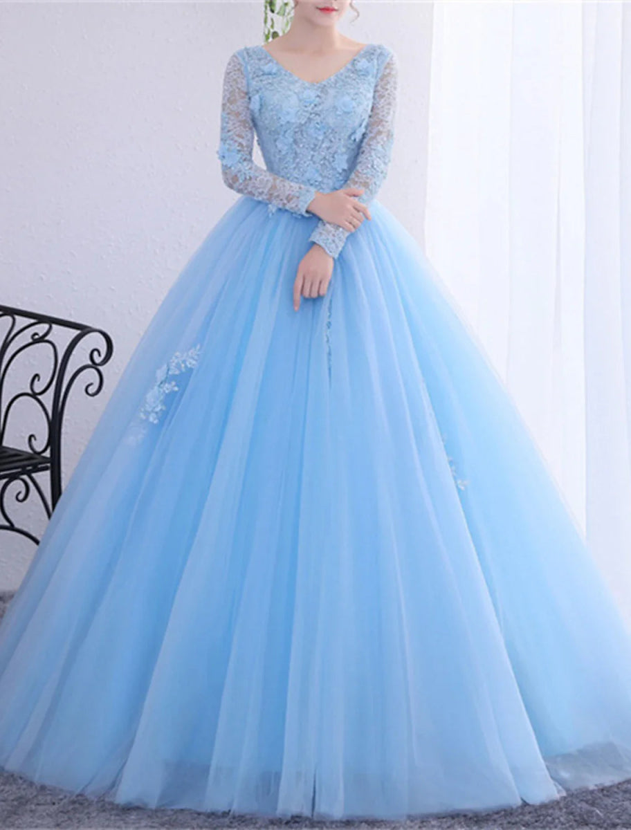 NumberSea - Ball Gown Quinceanera Dresses Princess Dress Performance Quinceanera Floor Length Long Sleeve V Neck Polyester with Crystals Appliques