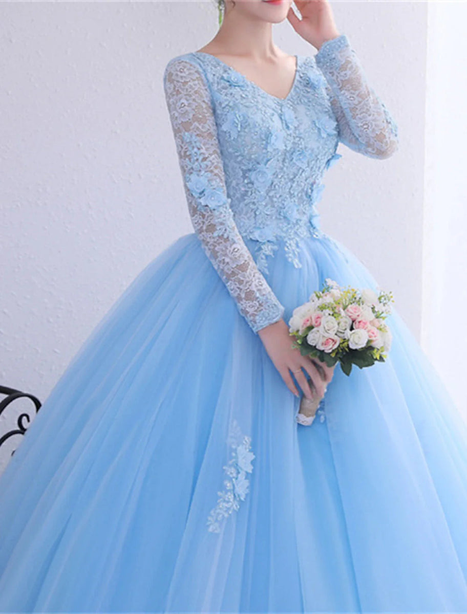 NumberSea - Ball Gown Quinceanera Dresses Princess Dress Performance Quinceanera Floor Length Long Sleeve V Neck Polyester with Crystals Appliques