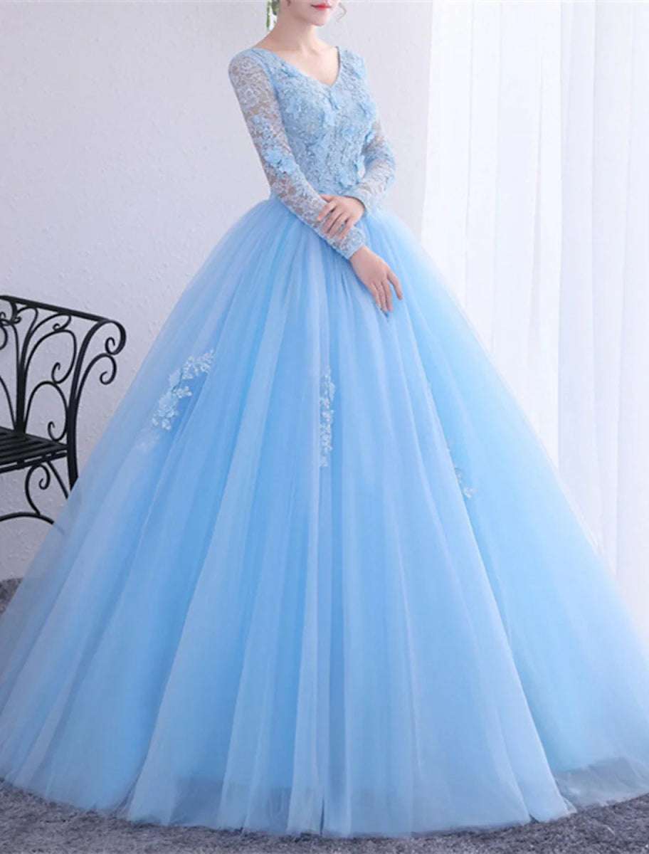 NumberSea - Ball Gown Quinceanera Dresses Princess Dress Performance Quinceanera Floor Length Long Sleeve V Neck Polyester with Crystals Appliques