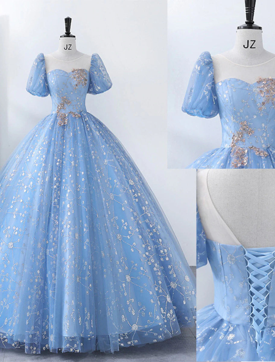 NumberSea - Ball Gown Quinceanera Dresses Princess Dress Performance Sweet 16 Floor Length Short Sleeve Square Neck Polyester with Pearls Appliques