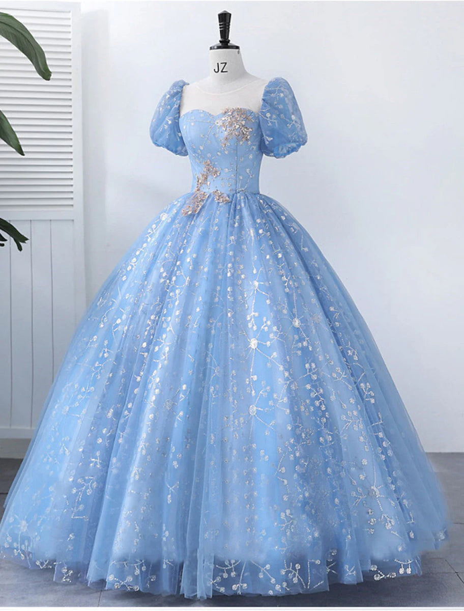 NumberSea - Ball Gown Quinceanera Dresses Princess Dress Performance Sweet 16 Floor Length Short Sleeve Square Neck Polyester with Pearls Appliques