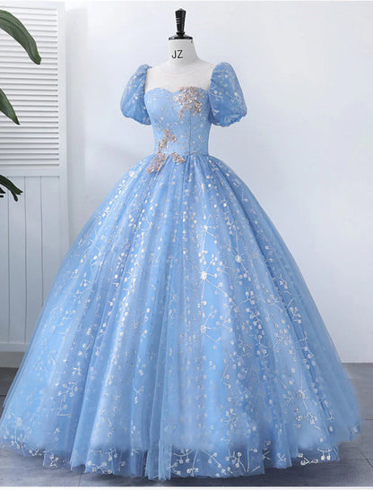 NumberSea - Ball Gown Quinceanera Dresses Princess Dress Performance Sweet 16 Floor Length Short Sleeve Square Neck Polyester with Pearls Appliques