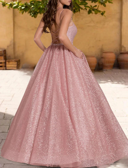 NumberSea - Ball Gown Quinceanera Dresses Sparkle & Shine Dress Sweet 16 Birthday Floor Length Sleeveless Spaghetti Strap Tulle with Glitter Criss Cross Pleats